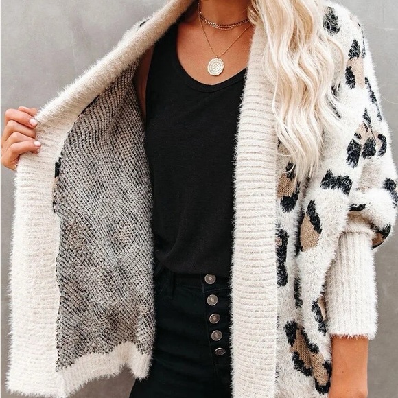 fuzzy women leopard animal print chunky knit jacket open front - Picture 4 of 15